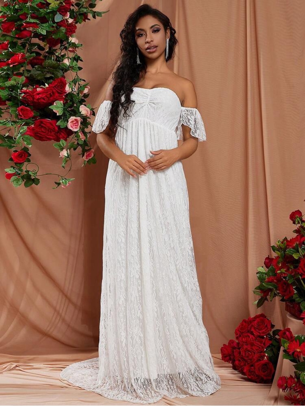 Off Shoulder Lace Overlay Wedding Dress